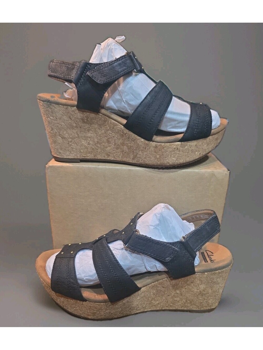 CLARKS Annadel Orchid Triple Adjust Wedge Sandals Black Nubuck Leather 8
